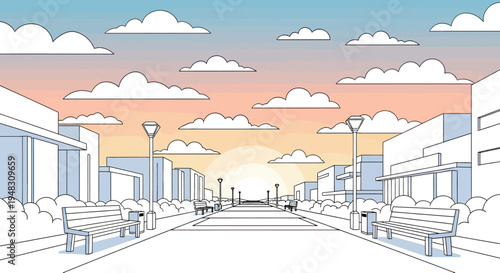 A stylized, minimalist street scene with buildings, benches, lamps, and clouds at sunset