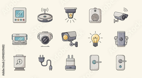 Flat icons of smart home devices sensors, cameras, and accessories