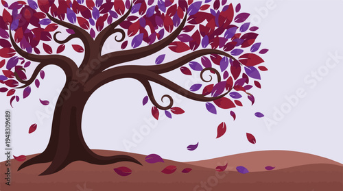 Stylized autumn tree with vibrant red and purple falling leaves