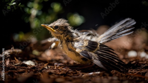 A fledgling bird with feathers standing upright on the ground near its nest. Wildlife Magazine, designed specifically for ecotourism stories, for event planners to use.