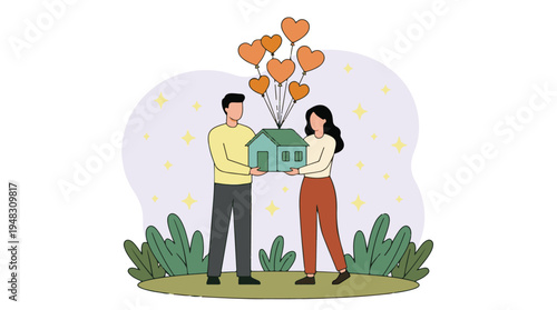 Happy couple holding a new house with heart balloons, symbolizing love and home