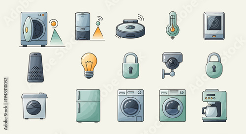 Collection of smart home devices, including appliances, security, and automation