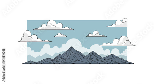 Polygonal mountains under a sky filled with stylized clouds