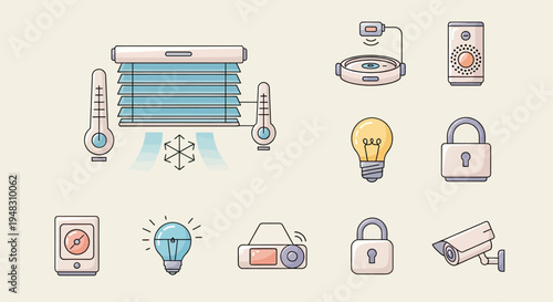 Smart home icons blinds, thermometers, robot, speaker, bulb, locks, meter, projector, camera