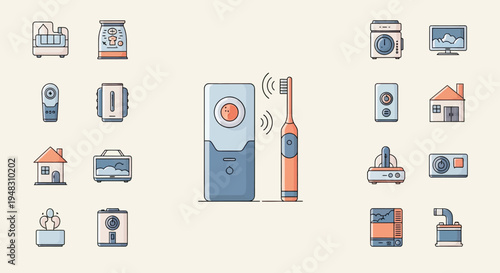 Collection of modern home appliances and electronics in a clean, minimalist style