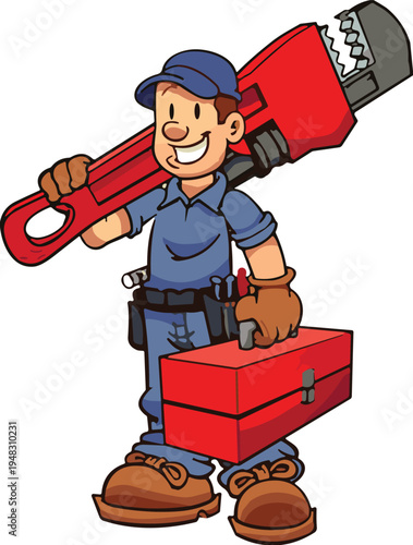 Cartoon plumber handyman character holding giant red pipe wrench and toolbox, professional repairman in blue uniform for home maintenance services, isolated vector.