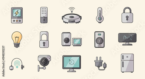 Diverse smart home device icons including a thermostat, robot vacuum, speakers, and security