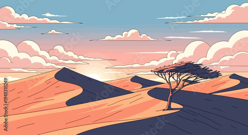 A lone, windswept tree stands on sand dunes under a pastel sky with clouds