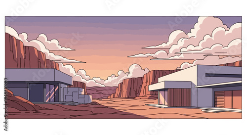 Two modern buildings in a desert landscape at dusk