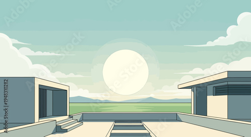 Modern architecture by a grassy field under a large, pale sun and sky