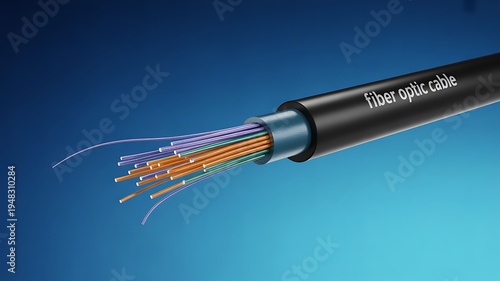 Fiber optic cable with exposed colorful wires and black insulation