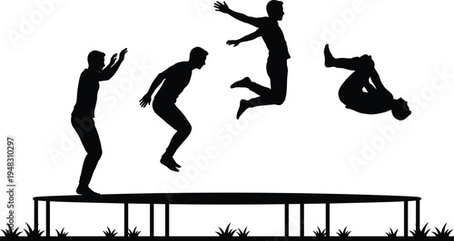 Man jumping on trampoline silhouette sequence, acrobatic flip motion stages, outdoor sport activity dynamic movement vector illustration set
