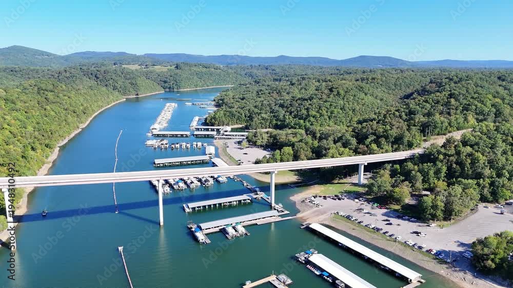 custom made wallpaper toronto digitalAerial View of the Lakeside Sunset Marina Resort on Dale Hollow Lake With Highway 111 Bridge, Boats and Forested Shoreline, Calm Water on a Sunny Day, Monroe, Tennessee, USA.