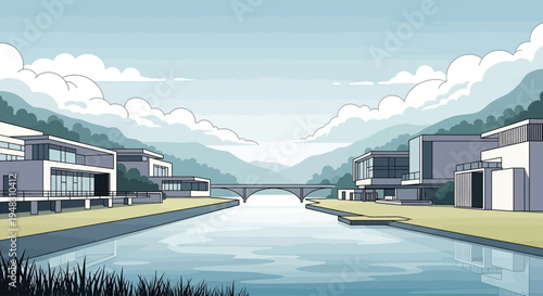 Modern villas flank a tranquil canal, leading to a distant bridge and misty mountains