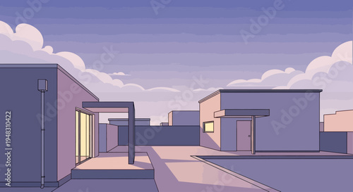 Modern buildings under a soft, cloudy, twilight sky