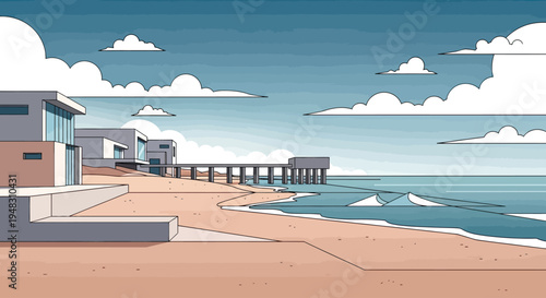 Modern seaside residences with pier extend over tranquil blue ocean