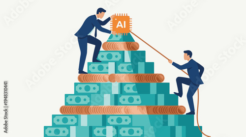 Businessmen building AI wealth pyramid, showing technology investment and growth