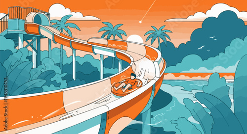 Vector illustration of orange highway road through tropical landscape with palm trees