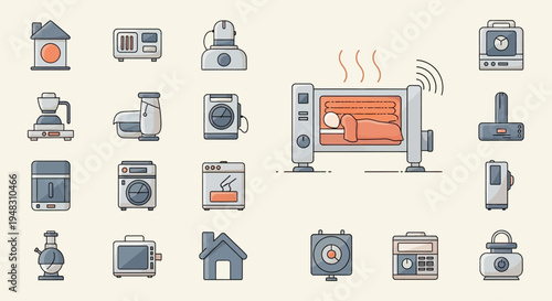 A collage of various kitchen and home appliances, including a toaster and oven