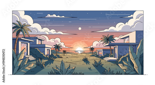 Modern beachfront villas with palm trees at sunset under a starry sky