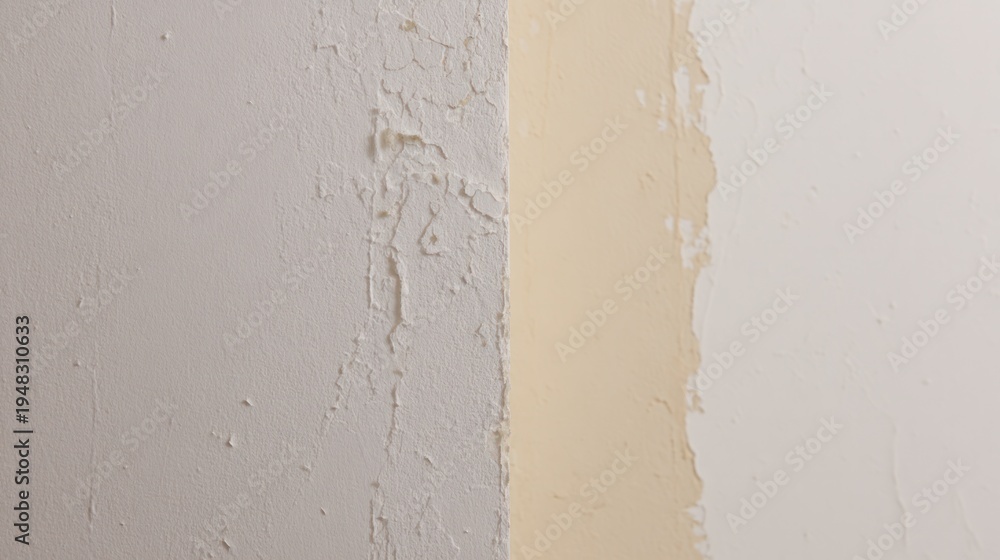 Fototapeta premium A wall section shows a before-and-after comparison of peeling paint and a fresh coat. real-estate listings.