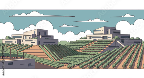 Modern architecture atop lush vineyard terraces under a cloudy sky