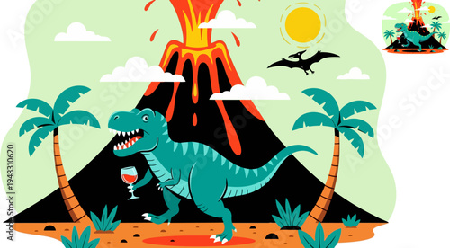 Set of dinosaur icons vector, prehistoric scene with volcano, tropical palm trees