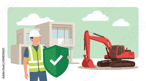 Construction worker holding safety shield at building site with excavator
