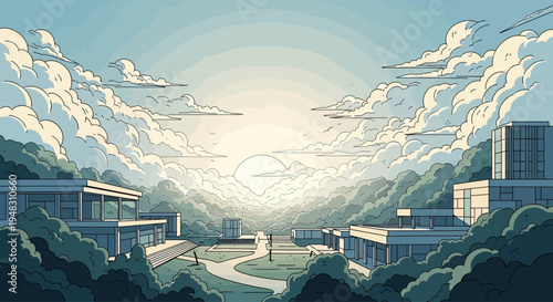 Sunrise illuminates clouds above a modern campus with buildings and lush greenery