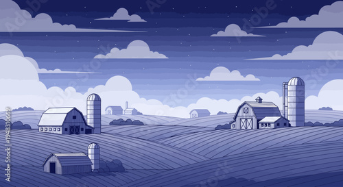 Rolling hills farm with barns and silos under a starry, cloudy night sky