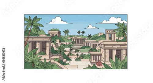 Ancient stone structures overgrown with lush tropical foliage under a blue sky