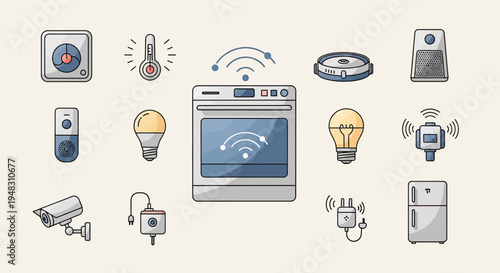 Collection of smart home devices including an oven, thermometer, robot vacuum, and camera