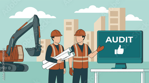 Construction workers reviewing a digital audit on a computer screen.