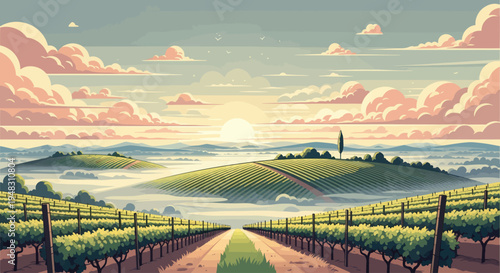 Expansive vineyard rows lead to rolling hills and misty valleys under a pastel sky