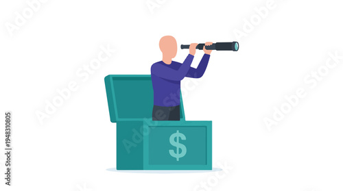 Person looking through telescope from money box for financial opportunities