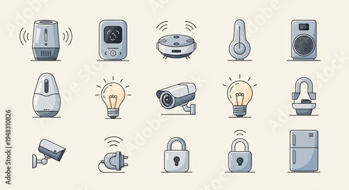 Flat design icons of smart home devices, security, and appliances