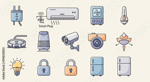 Collection of smart home device icons including plug, AC, vacuum, speaker, cameras, and appliance