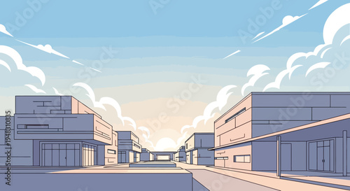 Modern buildings line a street under a soft, pastel sky at sunrise