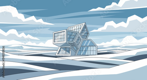 Geometric structure stands amidst abstract snowy landscape under cloudy sky
