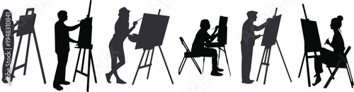 Collection of artist silhouettes painting on easels, creative people drawing in art class, set of painters working isolated on white background vector.