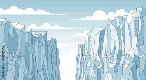 Tall, icy cliffs under a cloudy sky create a dramatic, geometric canyon vista