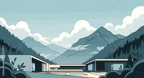 Modern dwelling nestled in a serene mountain landscape with clear sky