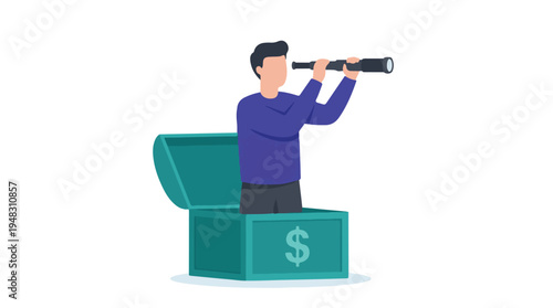 Man in money chest using telescope to seek financial opportunities
