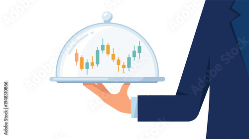 Hand presenting a financial candlestick chart under a serving cloche