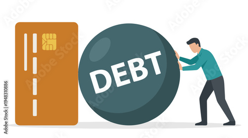 Man struggling to push heavy debt sphere with a large credit card