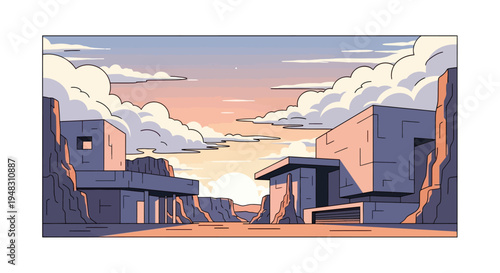 Modern desert structures amidst dramatic cliffs and a pastel sunset sky