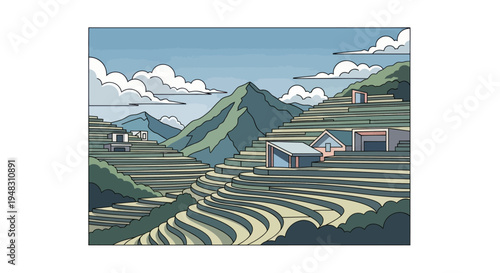 Schilderij op canvas Terraced landscape with geometric homes under a cloudy sky