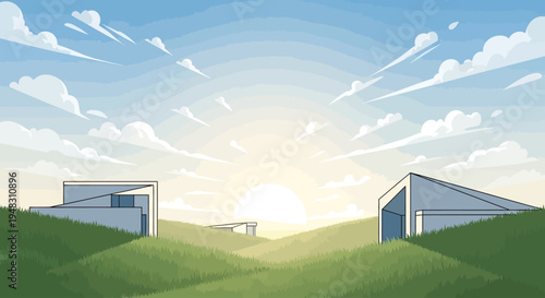 Two modern structures on grassy hills under a bright, cloudy sky