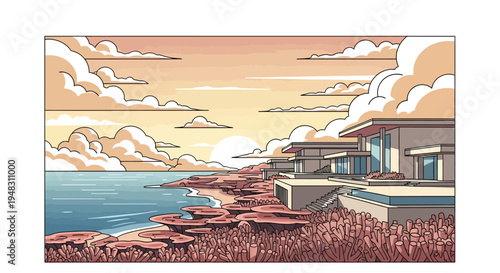 Modern coastal villas overlook a serene ocean at sunset with dramatic clouds