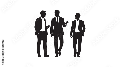 Three businessmen in suits talking and walking together silhouette isolated on white background
